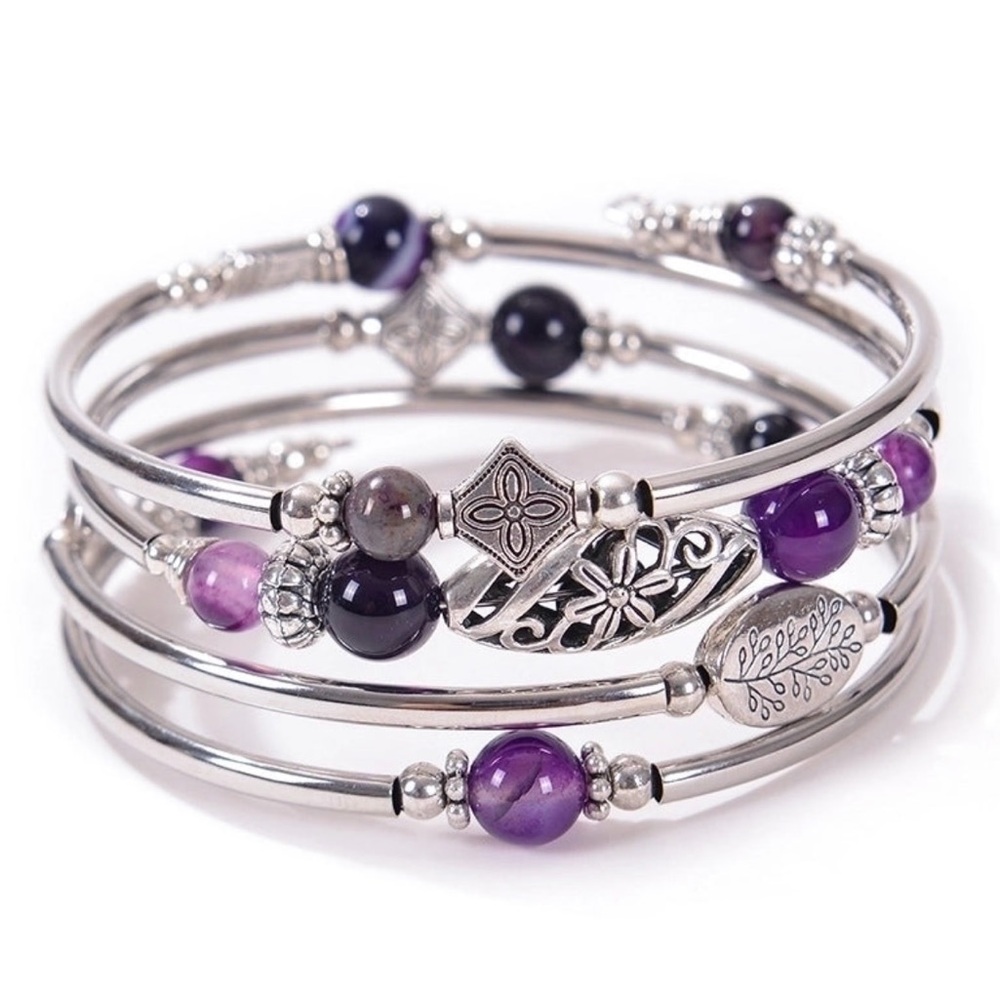 Elegant Silver and Purple Beaded Bracelet Set